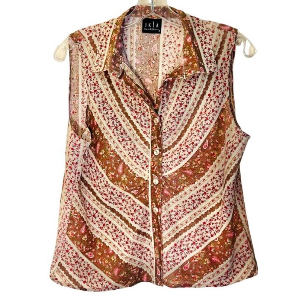 Vintage 90's JKLA Brown & Beige Floral/Paisley Sleeveless Blouse
